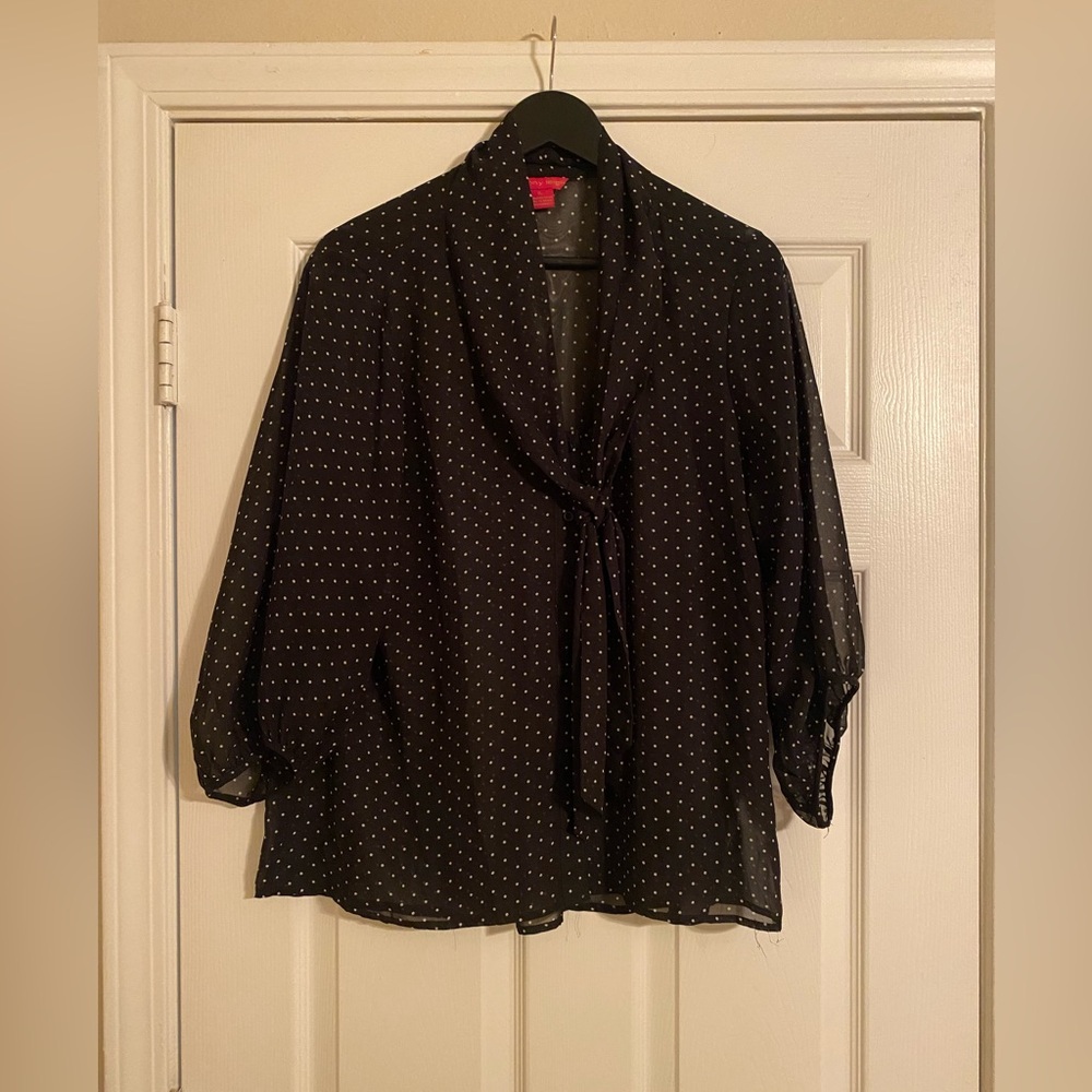 Sunny Leigh Women’s Long Sleeve Sheer Blouse. Black/ Polka Dots.Tie in Front. XL
